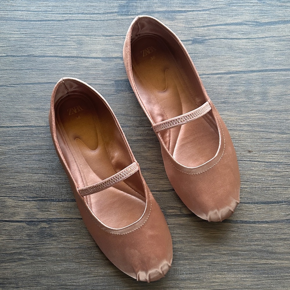 ZARA WOMEN’S  ELASTIC STRAP SATIN BALLET FLATS